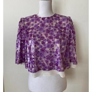 NWT Endless Rose Purple Sequin Shirt Scoop Neck Small Flutter Sleeve Crop Top
